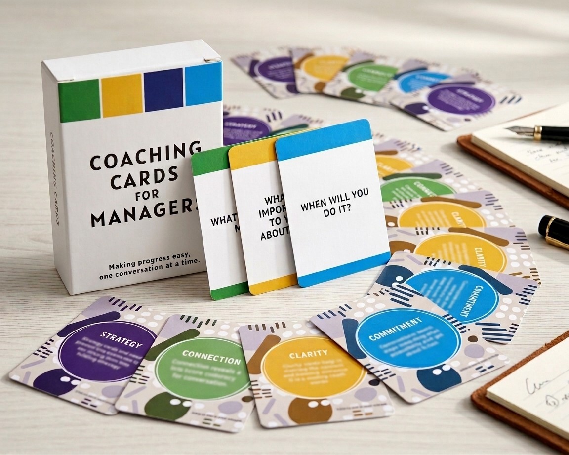 Coaching Cards for Managers: the deck box, three question cards and the Strategy, Connection, Clarity and Commitment cards on a table